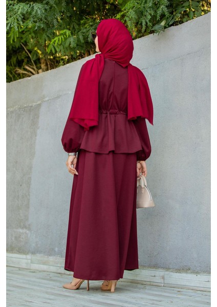 Cenny Eteği Katlı Scuba Krep Elbise-Bordo modelleri