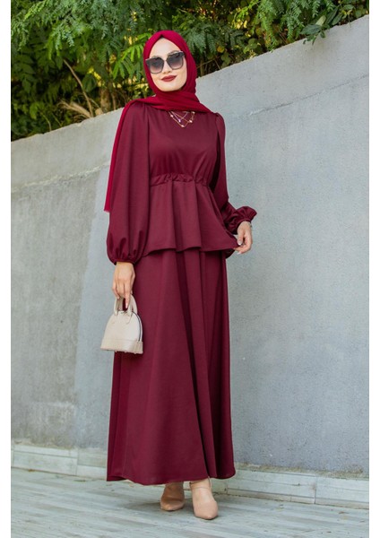 Cenny Eteği Katlı Scuba Krep Elbise-Bordo