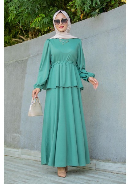Cenny Eteği Katlı Scuba Krep Elbise-Mint