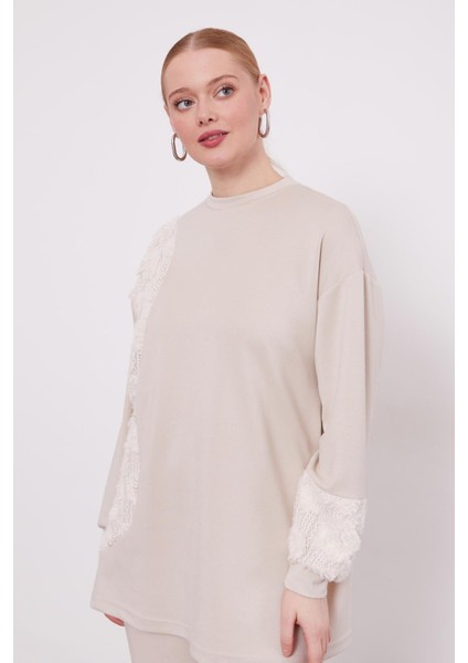 100649 Önü Dantel ve Inci Boncuk Detaylı Pantolonu Beli Lastikli Ikili Takım fiyatları