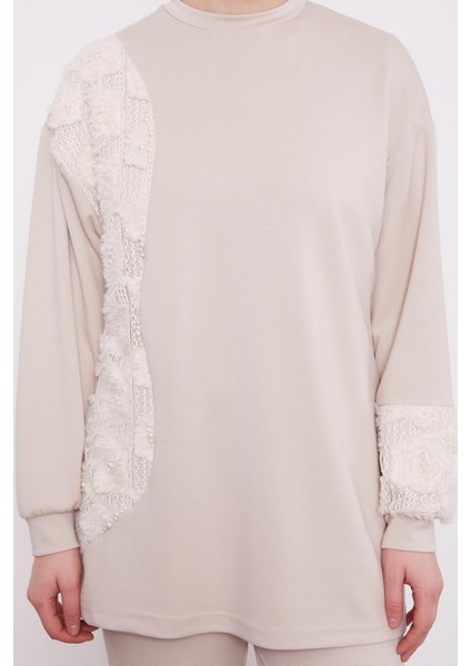 100649 Önü Dantel ve Inci Boncuk Detaylı Pantolonu Beli Lastikli Ikili Takım modelleri