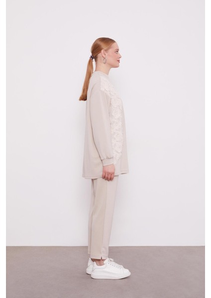 100649 Önü Dantel ve Inci Boncuk Detaylı Pantolonu Beli Lastikli Ikili Takım fırsatları