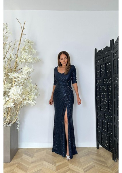 G1472 Taş Detaylı Payet Maksi Abiye Elbise Lacivert
