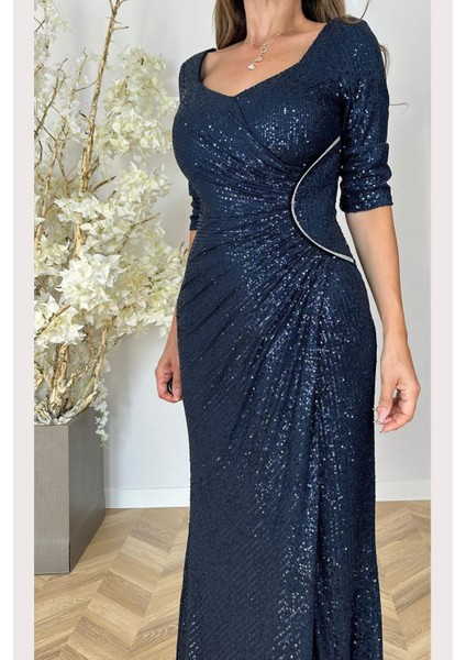 G1472 Taş Detaylı Payet Maksi Abiye Elbise Lacivert fiyatları