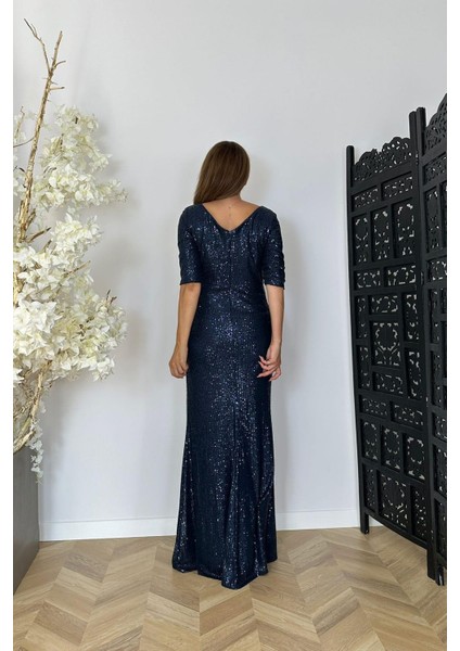 G1472 Taş Detaylı Payet Maksi Abiye Elbise Lacivert modelleri