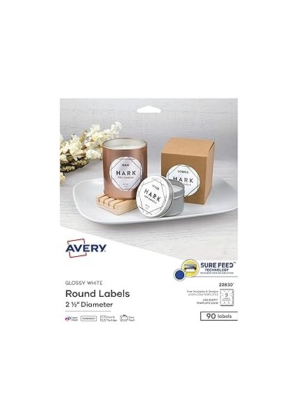 Avery Kesin Beslemeli Yazdırılabilir Yuvarlak Etiketler, 2,5 "çap, Parlak Beyaz, 90 Özelleştirilebi