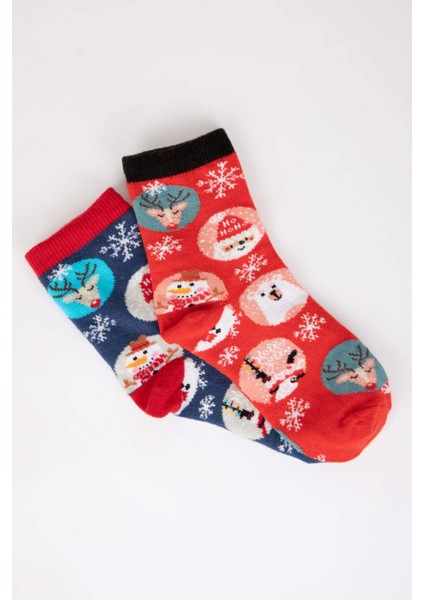 Erkek Çocuk Yılbaşı Temalı Pamuklu 2'li Uzun Kutulu Çorap Y4964A6NS