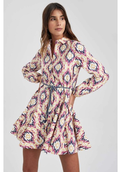 Gömlek Yaka Desenli Uzun Kollu Poplin Mini Elbise Z7469AZ23SP