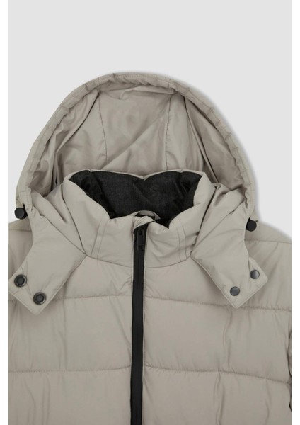 Rüzgar Geçirmez Şişme Mont Slim Fit Dar Kesim Kapüşonlu Suni Kürk Astarlı Fermuarlı R0216AZ23AU