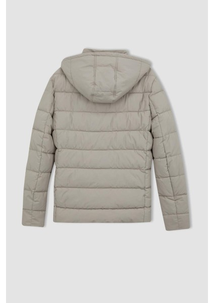 Rüzgar Geçirmez Şişme Mont Slim Fit Dar Kesim Kapüşonlu Suni Kürk Astarlı Fermuarlı R0216AZ23AU