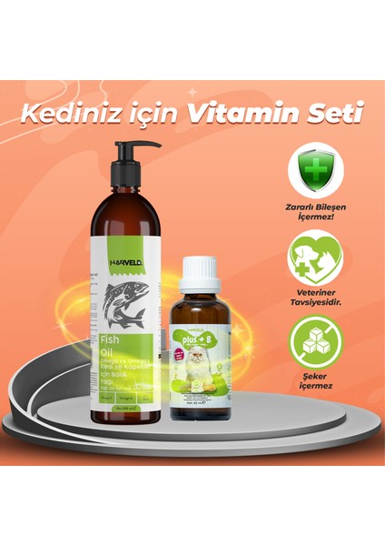 Kedi Takviye Seti Omega3 Balık Yağı, Plus B Çinko Biyotinli Tüy Deri Bakımı Kedi Vitamin Seti
