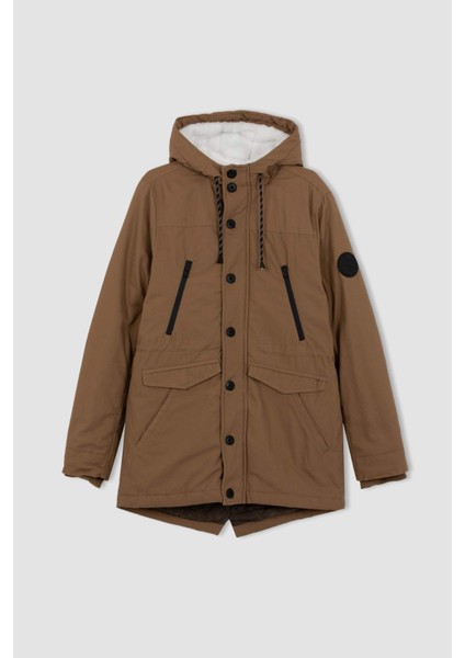 Slim Fit Dar Kesim Kapüşonlu Pelüş Astar Fermuarlı Çıtçı Kapamalı Cepli Mont Parka R6780AZ23WN