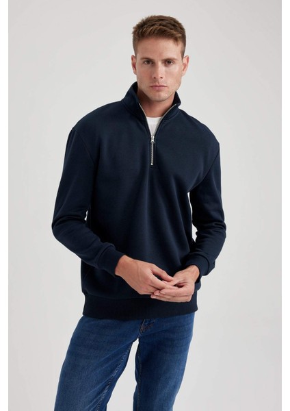 Comfort Regular Fit Rahat Kalıp Fermuarlı Dik Yaka Basic Düz Sweatshirt X7405AZ23AU