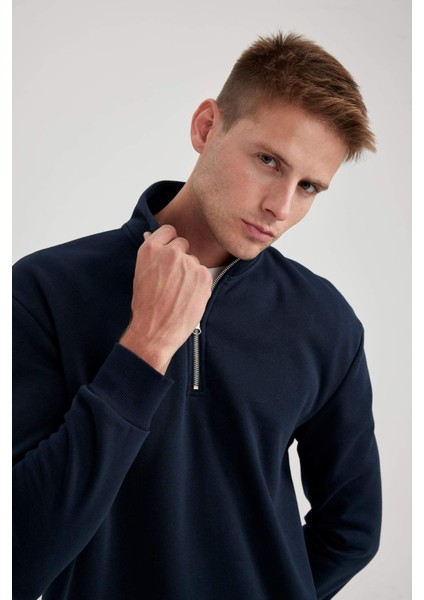 Comfort Regular Fit Rahat Kalıp Fermuarlı Dik Yaka Basic Düz Sweatshirt X7405AZ23AU