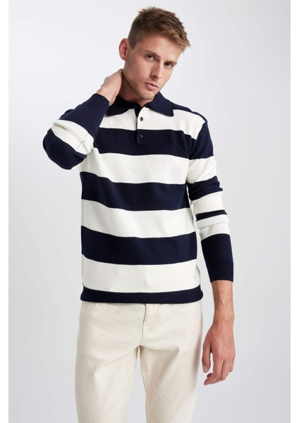 Standart Fit Çizgili Polo Yaka Kazak Y4194AZ23WN