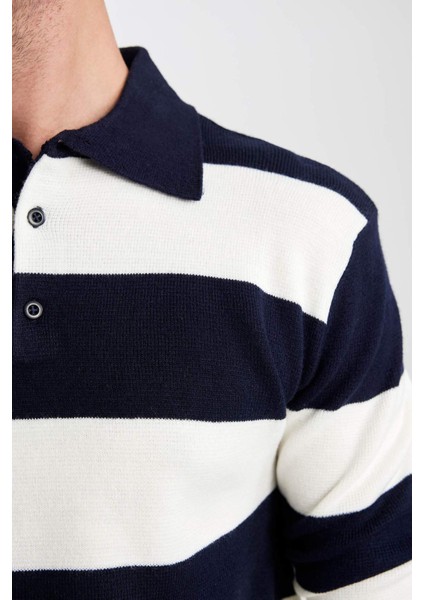 Standart Fit Çizgili Polo Yaka Kazak Y4194AZ23WN