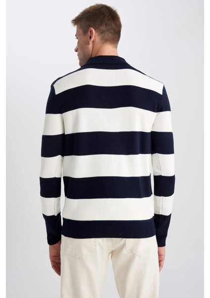 Standart Fit Çizgili Polo Yaka Kazak Y4194AZ23WN