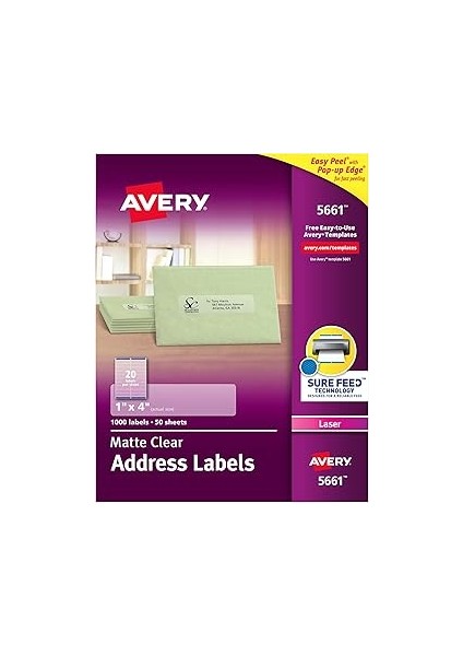 Avery Mat Şeffaf Adres Etiketleri, Emin Besleme Teknolojisi, Lazer, 1 Inç x 4 Inç, 1000 Etiket (566