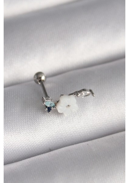 Bfs 316L Çelik Gümüş Renk Zirkon Taş Detay Beyaz Çiçek Model Tragus Piercing