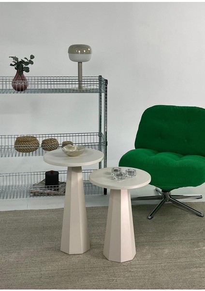 Lilyum Mantar Sehpa İkili Set Krem (57+47 Cm)