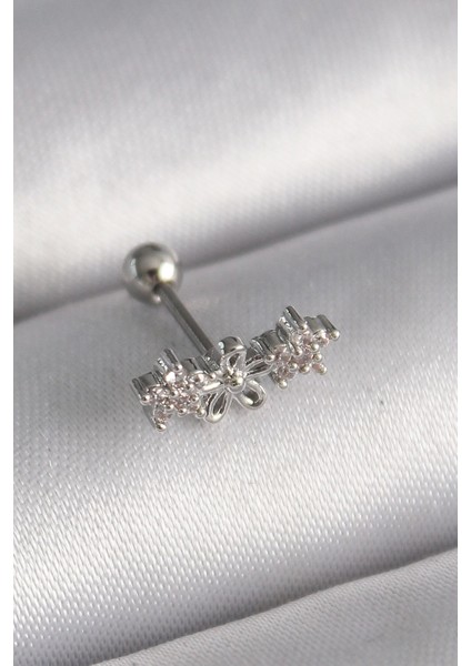 Bfs 316L Çelik Gümüş Renk Zirkon Taşlı Çiçek Tragus Piercing