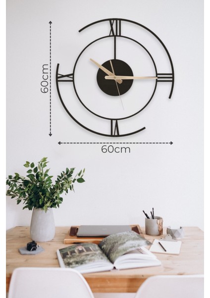 Roma Rakamlı Dekoratif Siyah Metal Duvar Saati 60X60CM [2341-60x60]