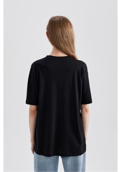 Kadın Siyah Oversize Fit Geniş Kesim Bisiklet Yaka Basic Düz %100 Pamuk Kısa Kollu Tişört B0648AXNS
