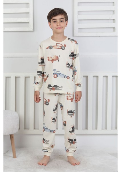 Racing Car And Aeroplane Desenli Erkek Çocuk Pijama Takımı