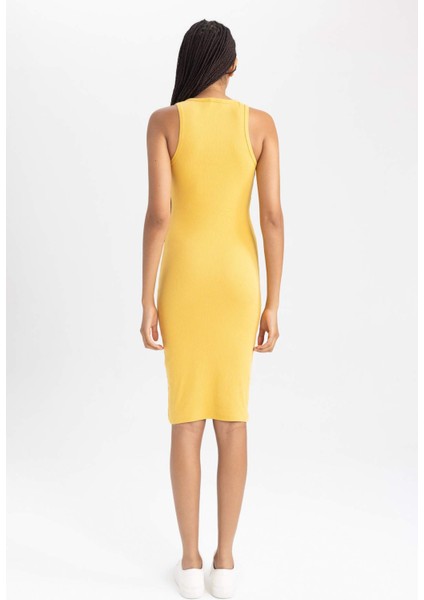 Kadın Sarı Bodycon Dress Vücudu Saran Halter Yaka Düz Basic Pamuklu Ribana Kolsuz Midi Elbise B0657AXNS