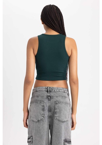 Kadın Yeşil Fitted Halter Yaka Düz Basic Pamuklu Atlet B0658AXNS