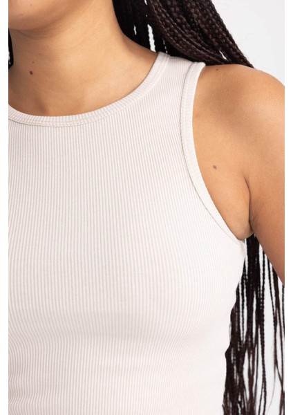 Kadın Bej Fitted Halter Yaka Düz Basic Pamuklu Atlet B0658AXNS