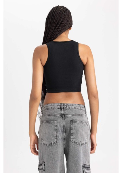 Kadın Siyah Fitted Halter Yaka Düz Basic Pamuklu Atlet B0658AXNS
