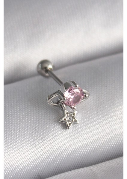 Bfs 316L Çelik Gümüş Renk Pembe Zirkon Taşlı Sallantı Yıldız Detay Tragus Piercing
