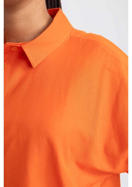 Kadın Turuncu Oversize Fit Geniş Kesim Gömlek Yaka Basic Düz Poplin Uzun Kollu Tunik B0659AXNS
