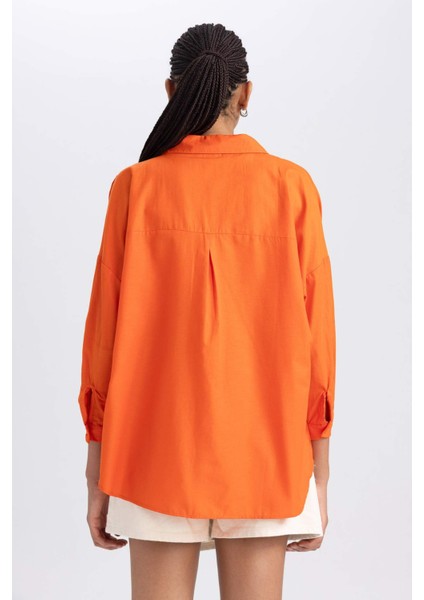 Kadın Turuncu Oversize Fit Geniş Kesim Gömlek Yaka Basic Düz Poplin Uzun Kollu Tunik B0659AXNS