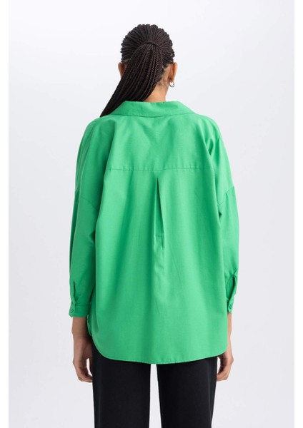 Kadın Yeşil Oversize Fit Geniş Kesim Gömlek Yaka Basic Düz Poplin Uzun Kollu Tunik B0659AXNS
