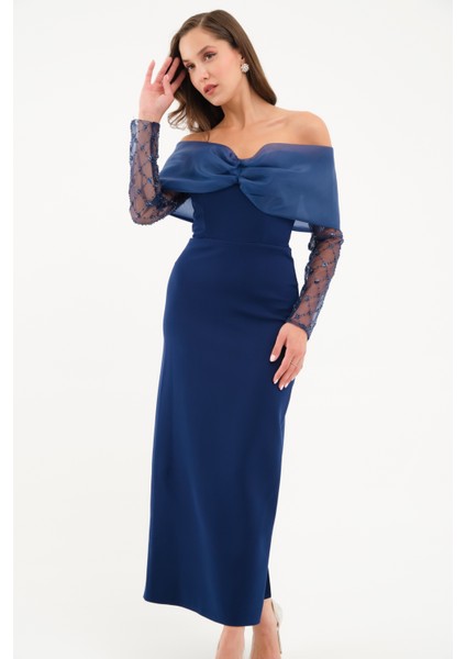 Kadın Lacivert Kol Detaylı Fiyonklu Söz Nişan Nikah Abiye Elbise