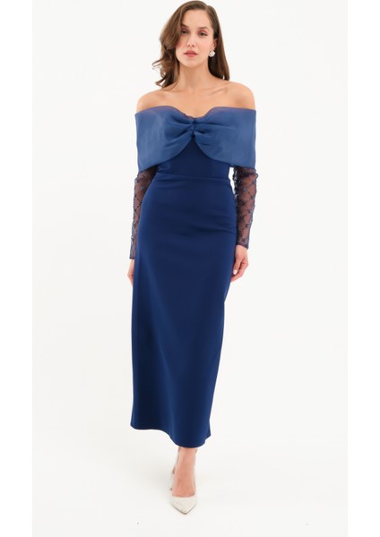 Kadın Lacivert Kol Detaylı Fiyonklu Söz Nişan Nikah Abiye Elbise fiyatları