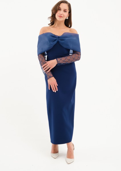 Kadın Lacivert Kol Detaylı Fiyonklu Söz Nişan Nikah Abiye Elbise modelleri