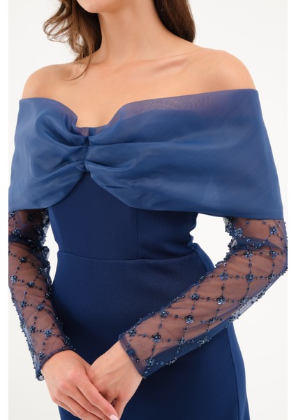 Kadın Lacivert Kol Detaylı Fiyonklu Söz Nişan Nikah Abiye Elbise fırsatları