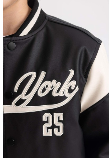 Erkek Çocuk Su İtici Kolej Yaka Çıtçıt Kapamalı Çift Cepli Mevsimlik Suni Deri Bomber Mont Ceket