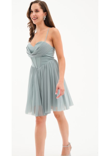 Kadın Mint Yeşili Askılı Mini Mezuniyet Abiye Elbise modelleri