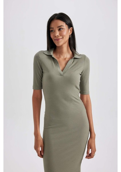 Bodycon Polo Yaka Fitilli Kaşkorse Midi Kısa Kollu Elbise A2096AX23SP