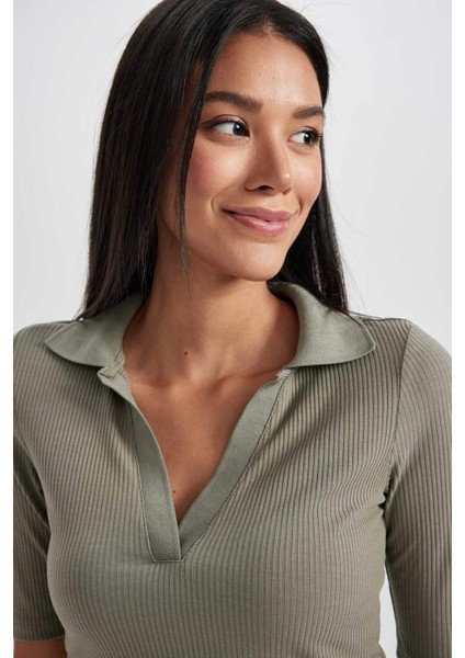 Bodycon Polo Yaka Fitilli Kaşkorse Midi Kısa Kollu Elbise A2096AX23SP