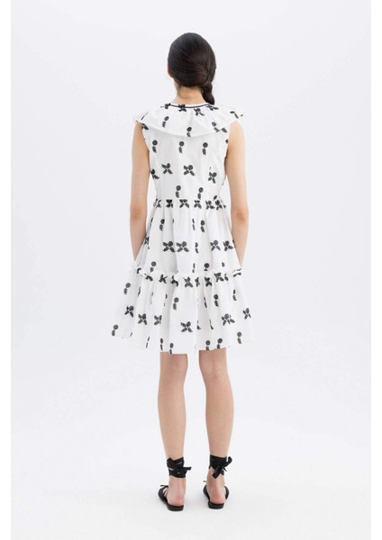 x Lug Von Siga Bodycon V Yaka Desenli Brode Kolsız Mini Elbise B2343AX24SM