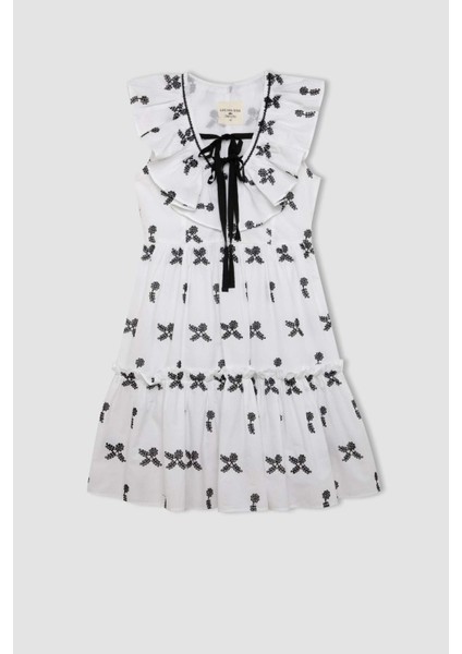 x Lug Von Siga Bodycon V Yaka Desenli Brode Kolsız Mini Elbise B2343AX24SM