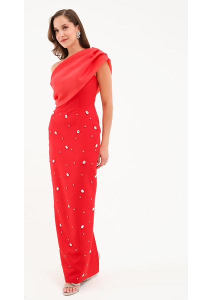 Kadın Kırmızı Tek Omuz Taşlı Söz Nişan Nikah Abiye Elbise