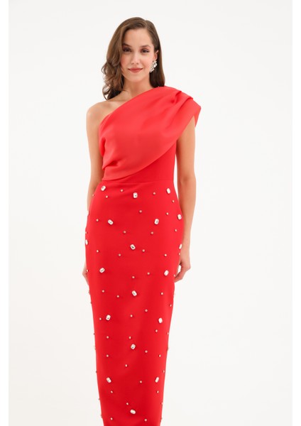 Kadın Kırmızı Tek Omuz Taşlı Söz Nişan Nikah Abiye Elbise fiyatları