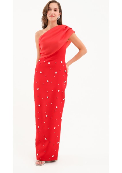 Kadın Kırmızı Tek Omuz Taşlı Söz Nişan Nikah Abiye Elbise modelleri