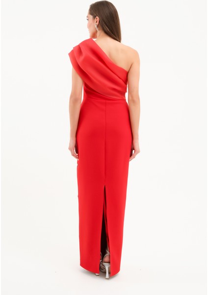 Kadın Kırmızı Tek Omuz Taşlı Söz Nişan Nikah Abiye Elbise indirimleri